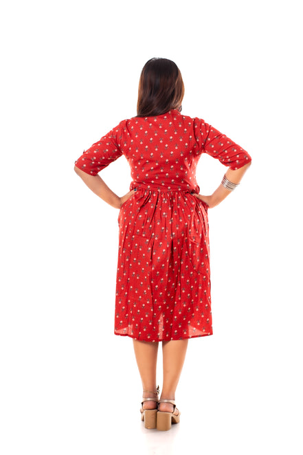Red Floral Booti Print Cotton A-Line Dress