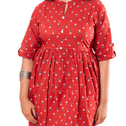 Red Floral Booti Print Cotton A-Line Dress