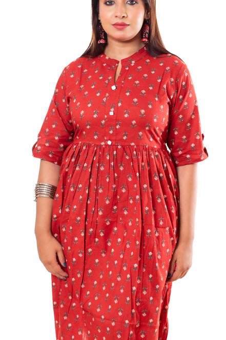Red Floral Booti Print Cotton A-Line Dress