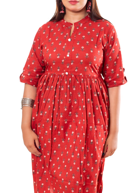 Red Floral Booti Print Cotton A-Line Dress