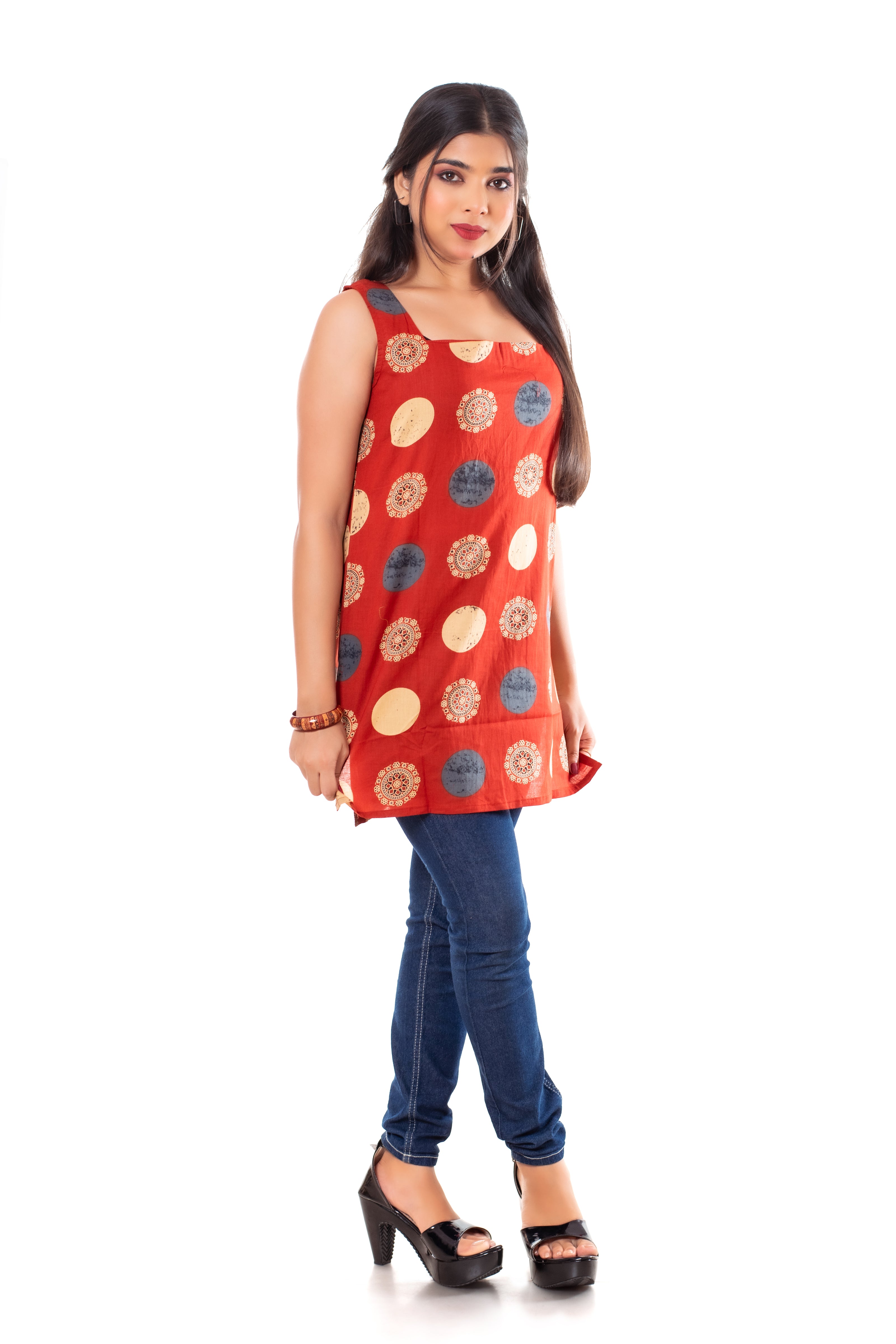 Rust Red Printed Cotton Kurti Top