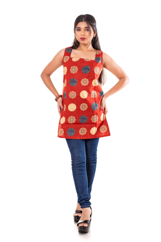 Rust Red Printed Cotton Kurti Top