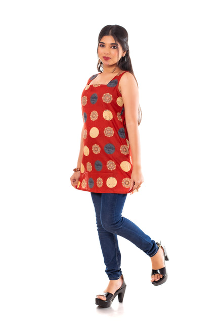 Rust Red Printed Cotton Kurti Top