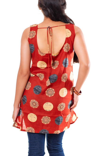 Rust Red Printed Cotton Kurti Top