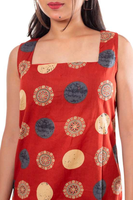 Rust Red Printed Cotton Kurti Top