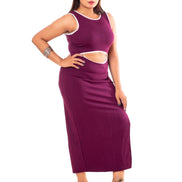 Wine Purple Cutout Waist Maxi Dress with Contrast Piping