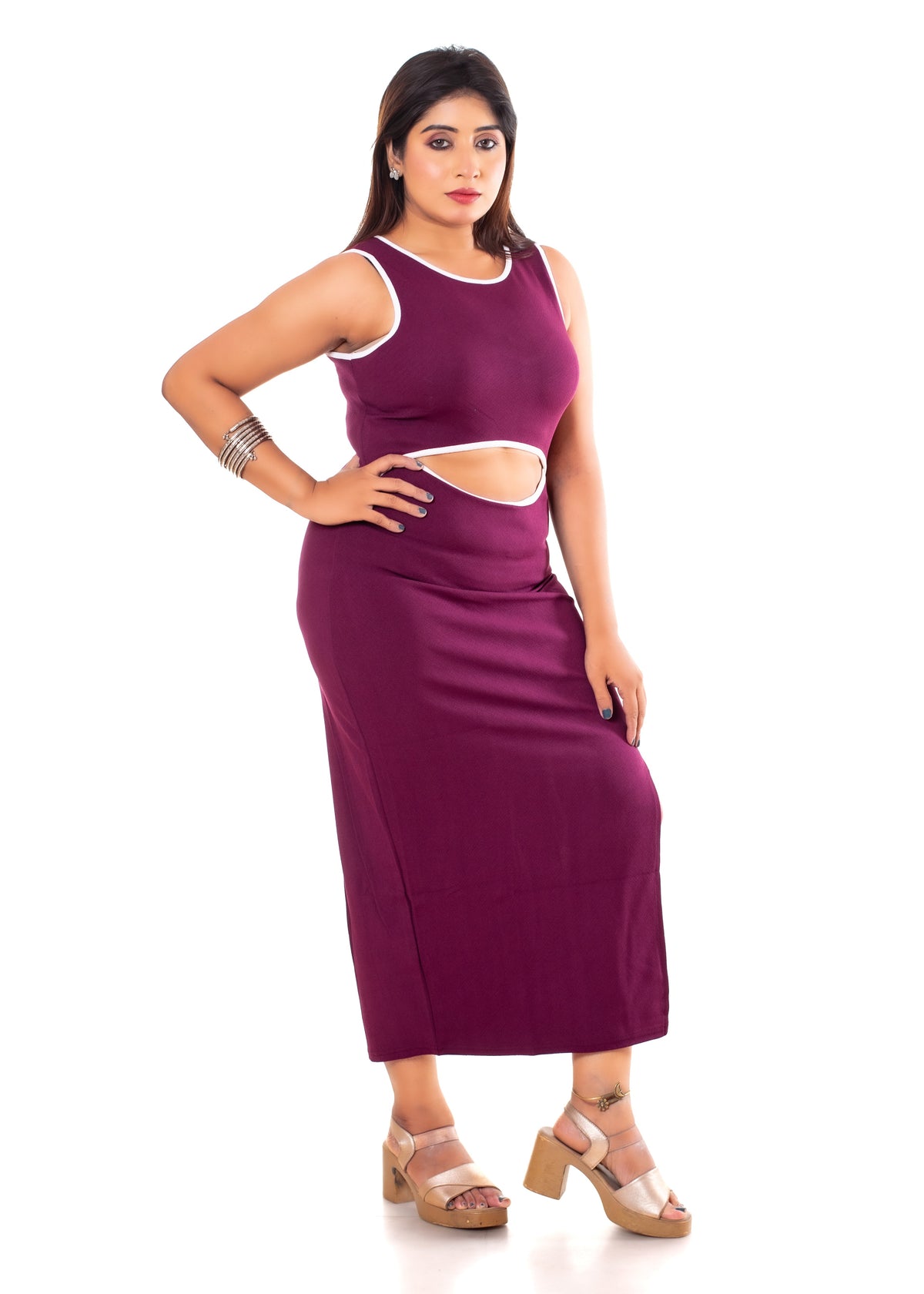Wine Purple Cutout Waist Maxi Dress with Contrast Piping