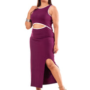 Wine Purple Cutout Waist Maxi Dress with Contrast Piping