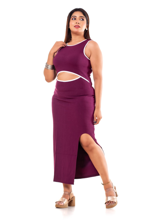 Wine Purple Cutout Waist Maxi Dress with Contrast Piping