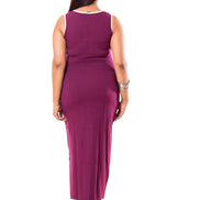 Wine Purple Cutout Waist Maxi Dress with Contrast Piping