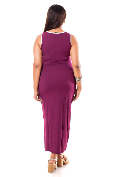 Wine Purple Cutout Waist Maxi Dress with Contrast Piping
