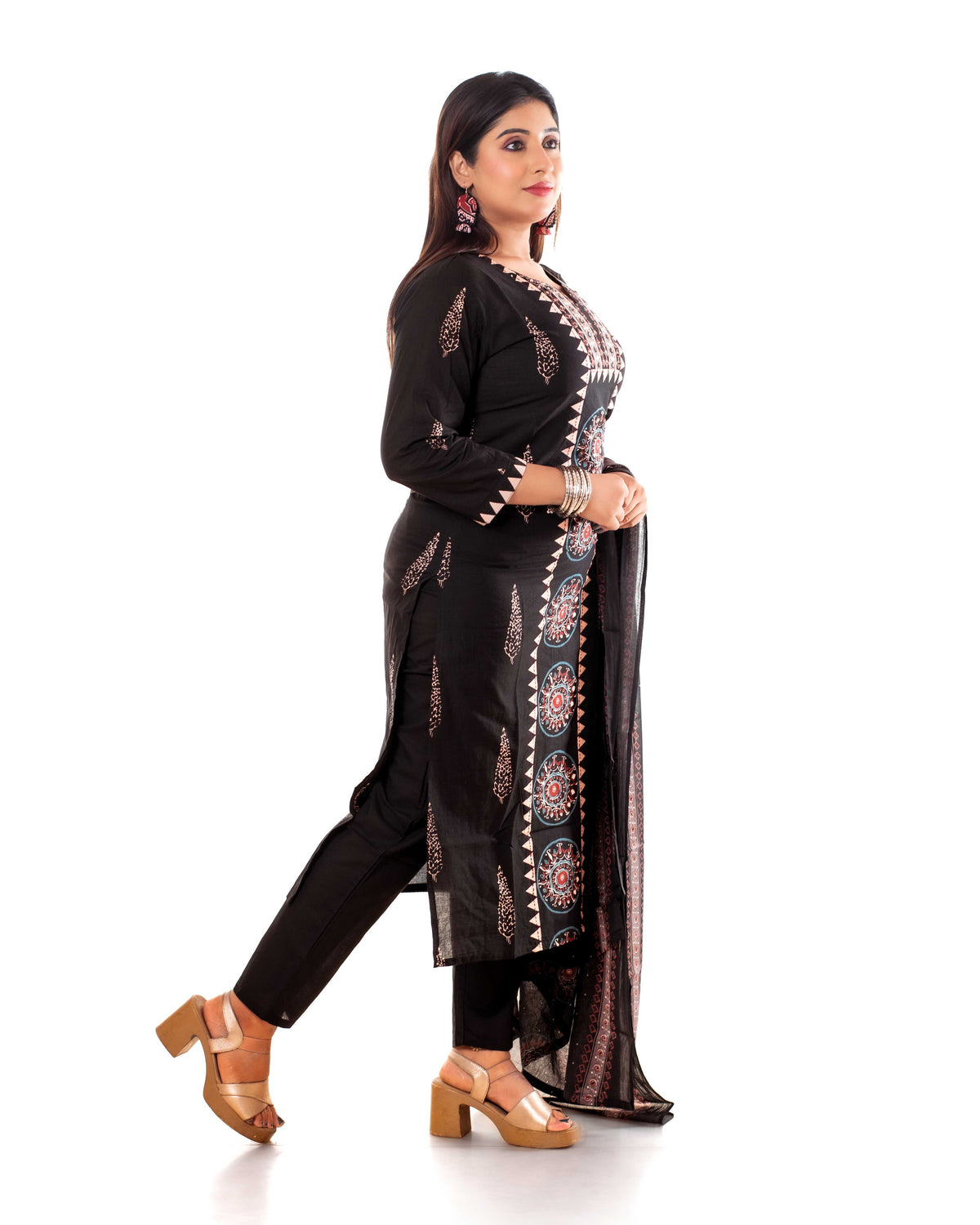 Black Mandala Print Kurta Set with Dupatta