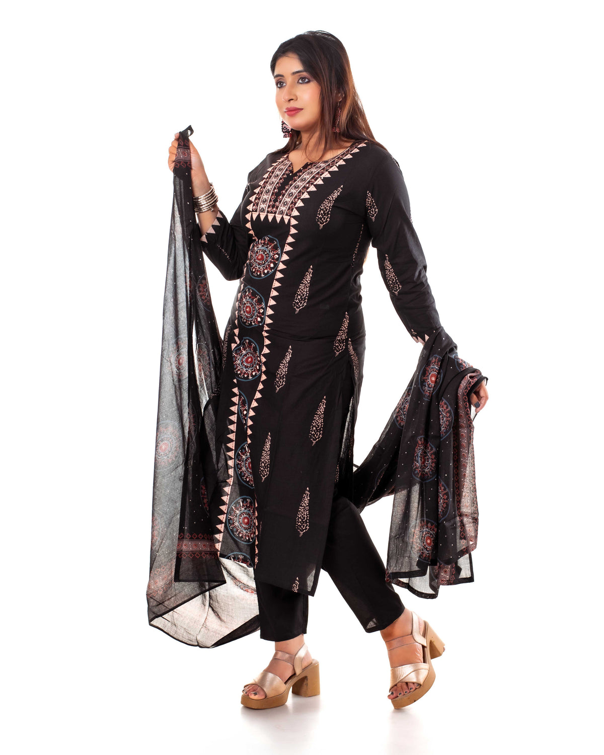 Black Mandala Print Kurta Set with Dupatta