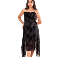 Black Polka Dot Georgette Handkerchief Hem Slip Dress for Women