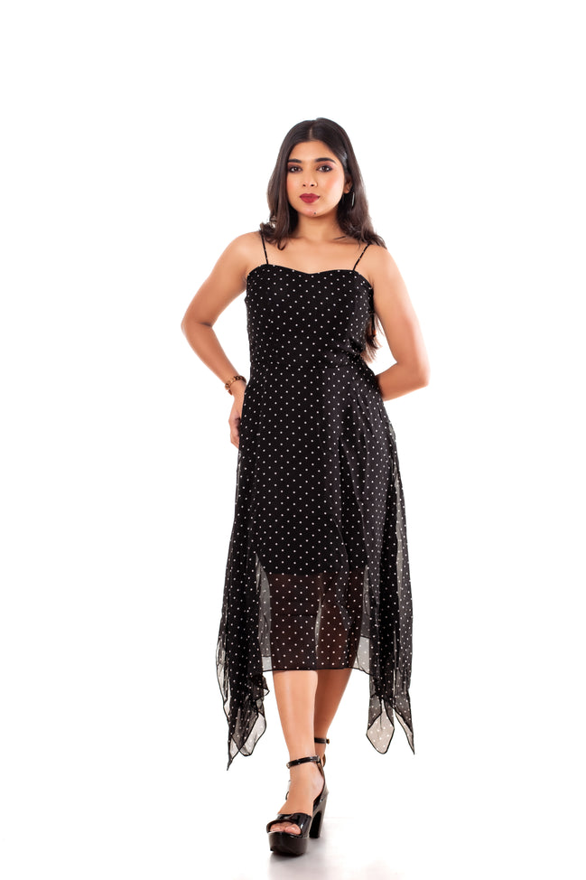 Black Polka Dot Georgette Handkerchief Hem Slip Dress for Women