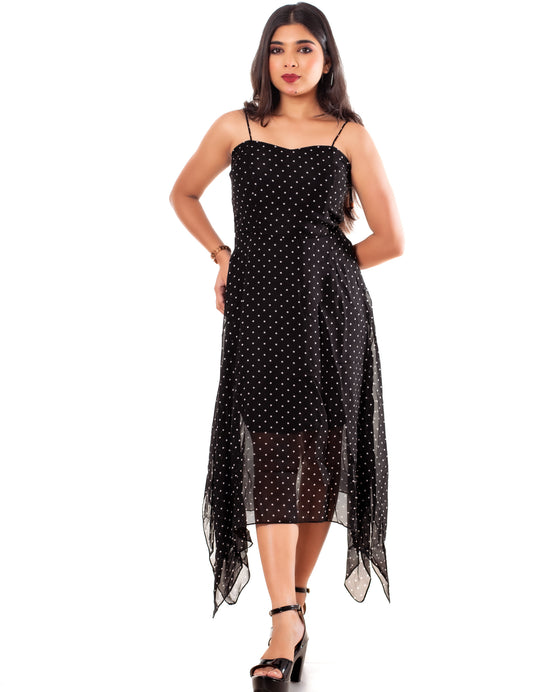 Black Polka Dot Georgette Handkerchief Hem Slip Dress for Women