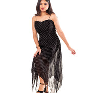 Black Polka Dot Georgette Handkerchief Hem Slip Dress for Women