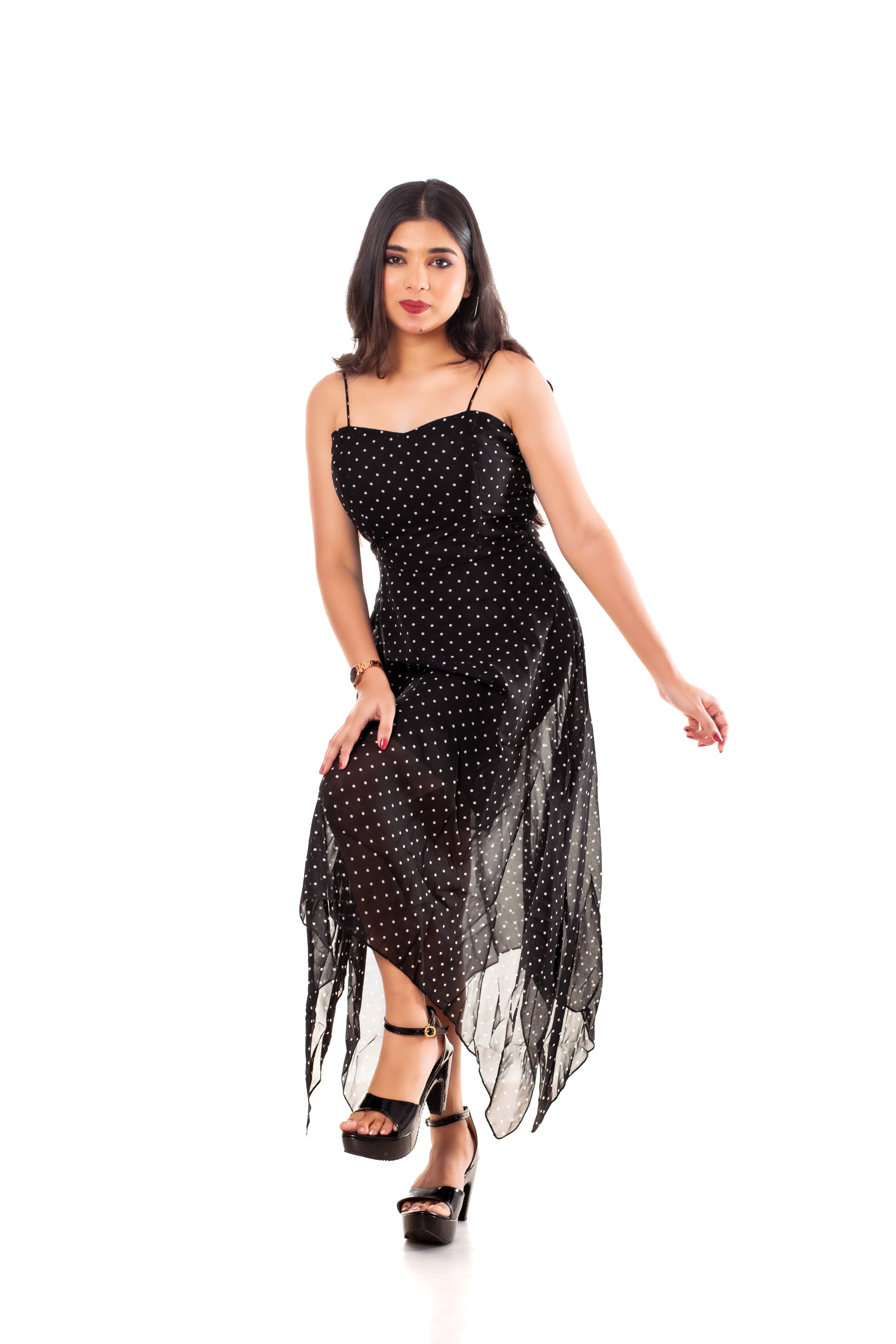 Black Polka Dot Georgette Handkerchief Hem Slip Dress for Women