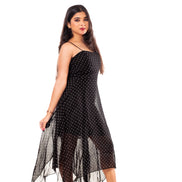 Black Polka Dot Georgette Handkerchief Hem Slip Dress for Women