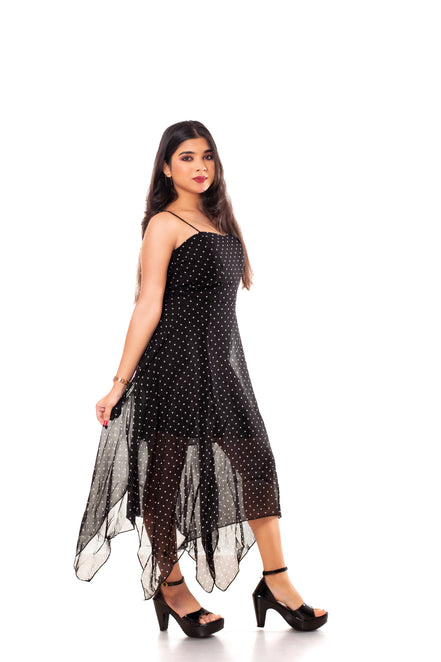 Black Polka Dot Georgette Handkerchief Hem Slip Dress for Women