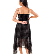 Black Polka Dot Georgette Handkerchief Hem Slip Dress for Women