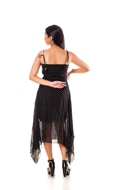 Black Polka Dot Georgette Handkerchief Hem Slip Dress for Women