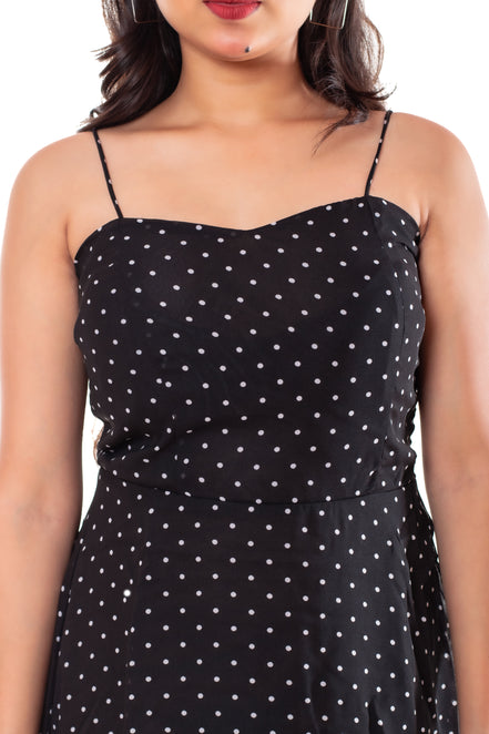 Black Polka Dot Georgette Handkerchief Hem Slip Dress for Women