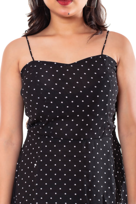 Black Polka Dot Georgette Handkerchief Hem Slip Dress for Women