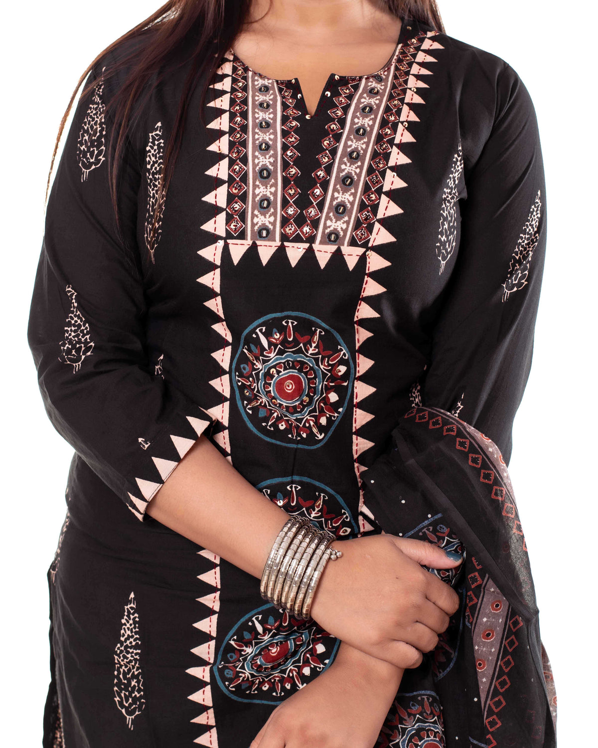 Black Mandala Print Kurta Set with Dupatta