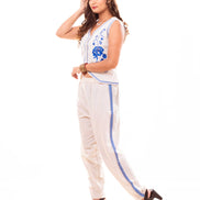 Blue Floral Embroidered Cotton flex Vest & Pants Co-ord Set