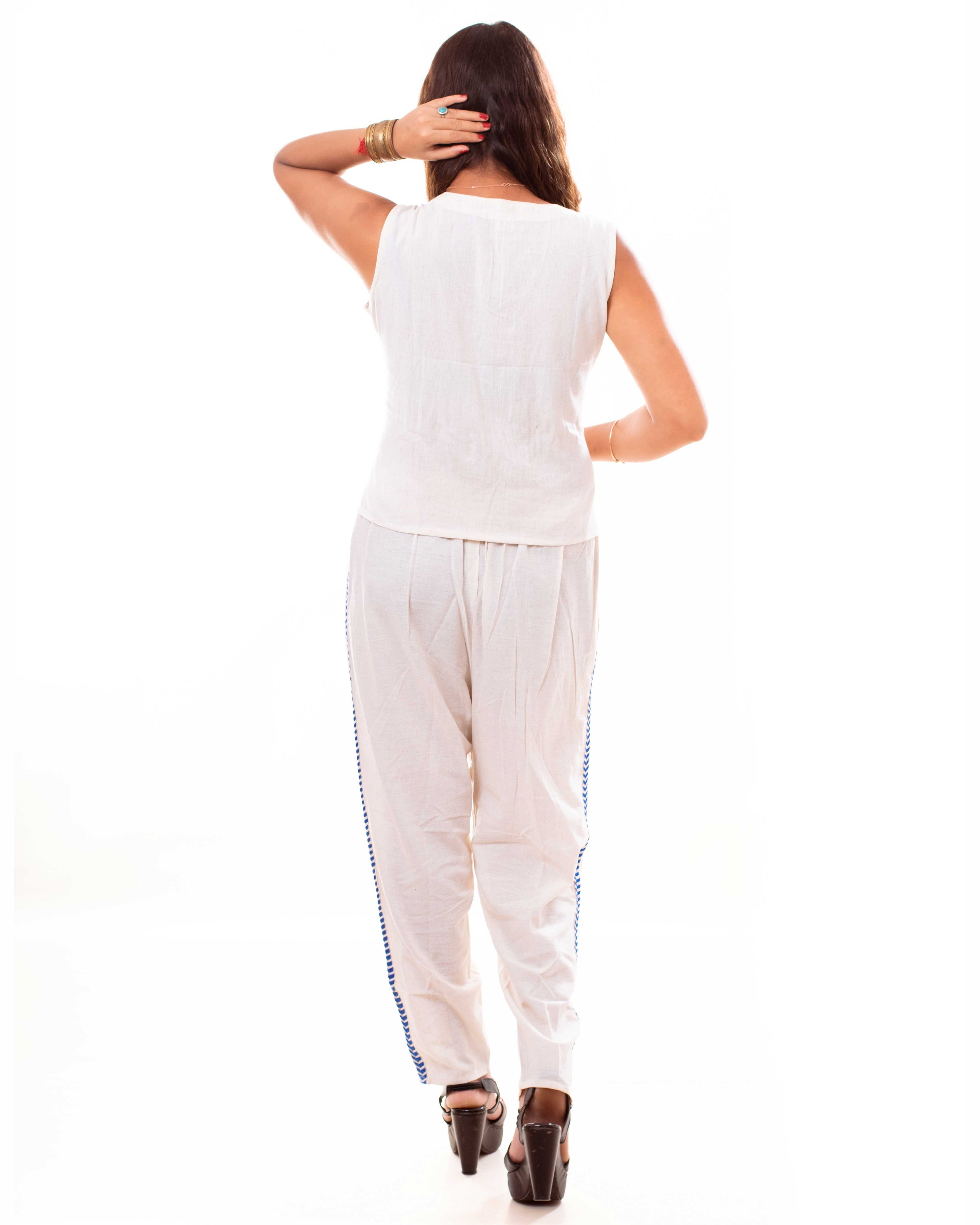 Blue Floral Embroidered Cotton flex Vest & Pants Co-ord Set