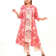 Beige Embroidered Kurta Palazzo Set with Pink Block Printed Long Shrug