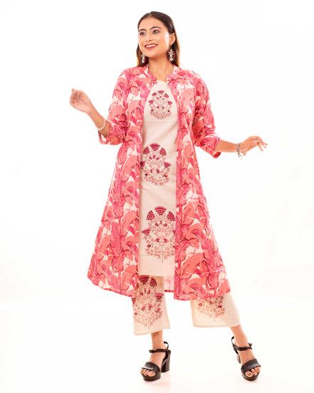 Beige Embroidered Kurta Palazzo Set with Pink Block Printed Long Shrug
