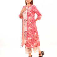 Beige Embroidered Kurta Palazzo Set with Pink Block Printed Long Shrug