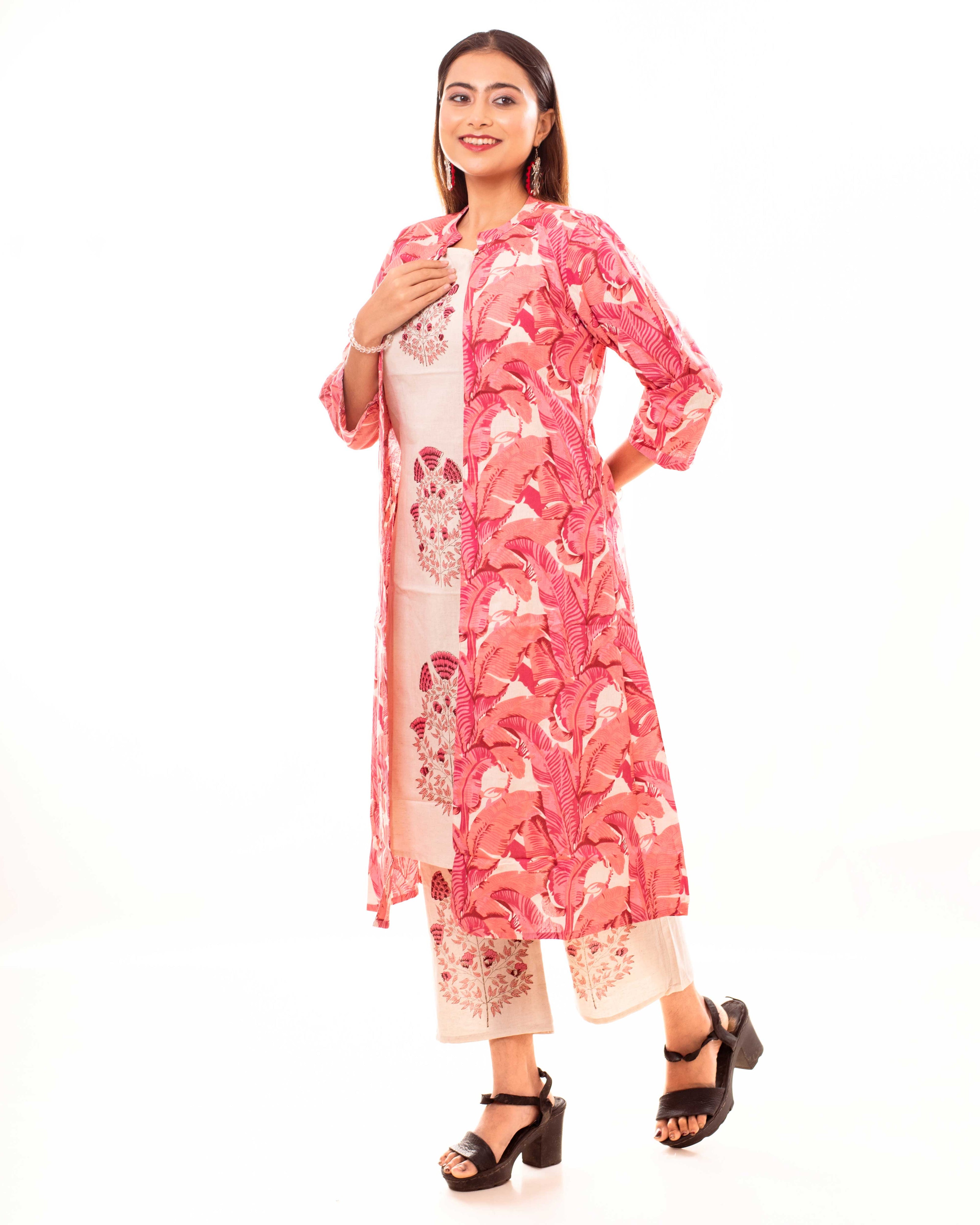 Beige Embroidered Kurta Palazzo Set with Pink Block Printed Long Shrug
