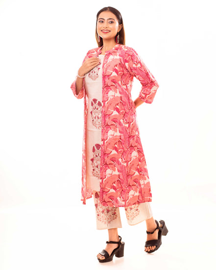 Beige Embroidered Kurta Palazzo Set with Pink Block Printed Long Shrug