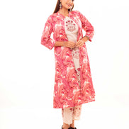 Beige Embroidered Kurta Palazzo Set with Pink Block Printed Long Shrug