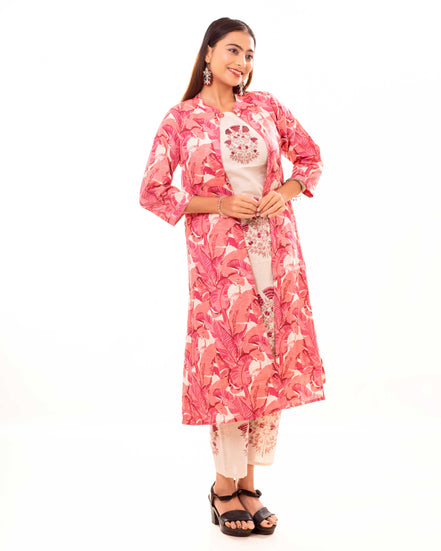 Beige Embroidered Kurta Palazzo Set with Pink Block Printed Long Shrug
