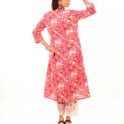 Beige Embroidered Kurta Palazzo Set with Pink Block Printed Long Shrug