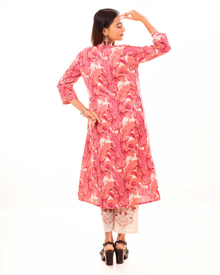Beige Embroidered Kurta Palazzo Set with Pink Block Printed Long Shrug