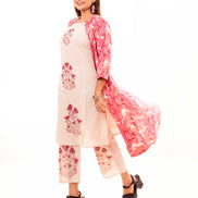 Beige Embroidered Kurta Palazzo Set with Pink Block Printed Long Shrug