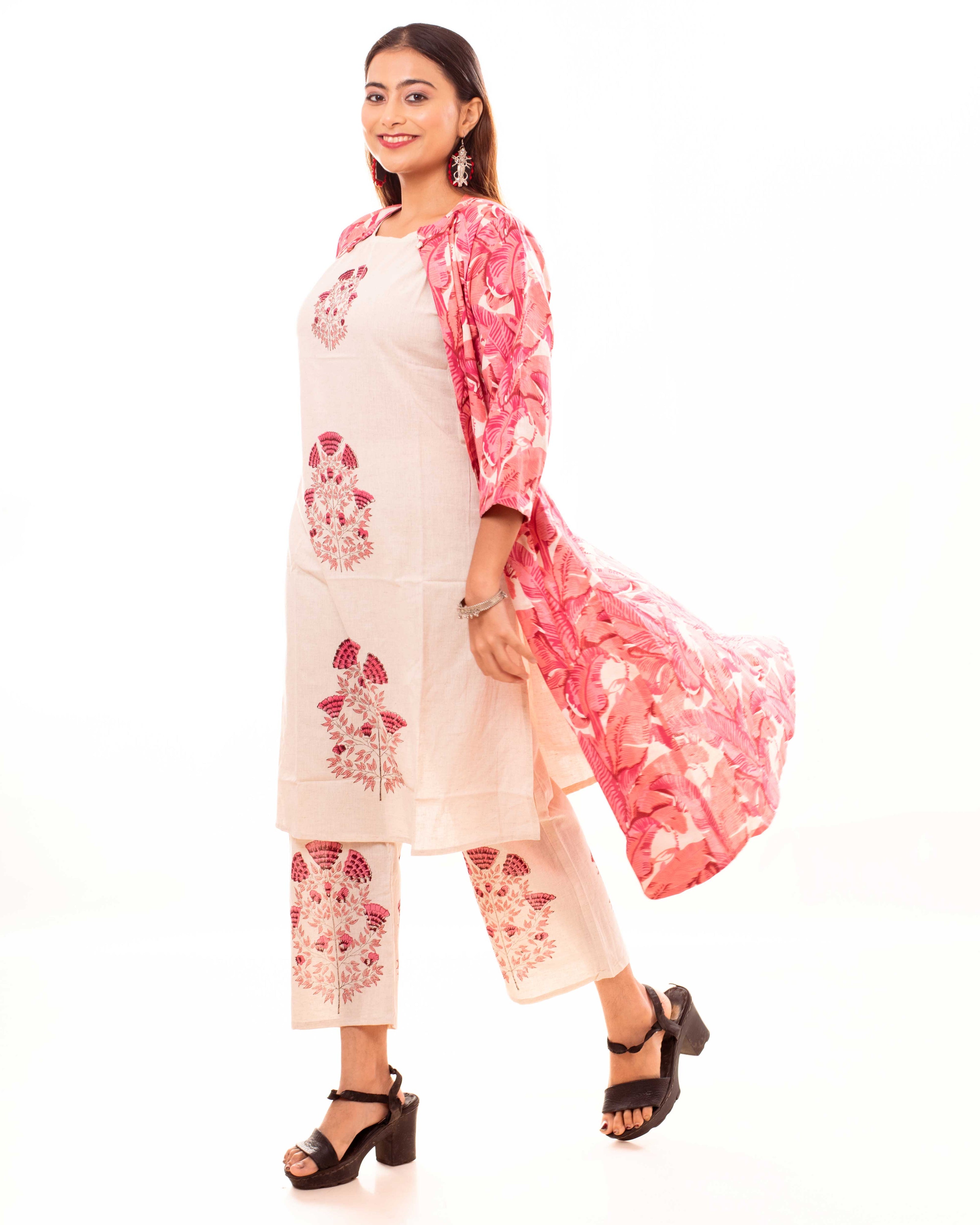Beige Embroidered Kurta Palazzo Set with Pink Block Printed Long Shrug