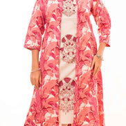 Beige Embroidered Kurta Palazzo Set with Pink Block Printed Long Shrug