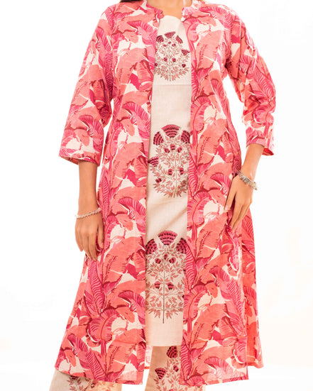 Beige Embroidered Kurta Palazzo Set with Pink Block Printed Long Shrug