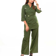 Olive Green Embroidered Cotton Co-ord Set with Shirt Collar