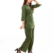 Olive Green Embroidered Cotton Co-ord Set with Shirt Collar