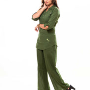 Olive Green Embroidered Cotton Co-ord Set with Shirt Collar