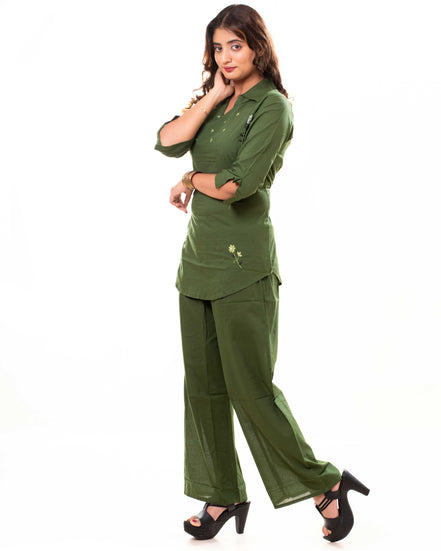 Olive Green Embroidered Cotton Co-ord Set with Shirt Collar