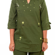 Olive Green Embroidered Cotton Co-ord Set with Shirt Collar