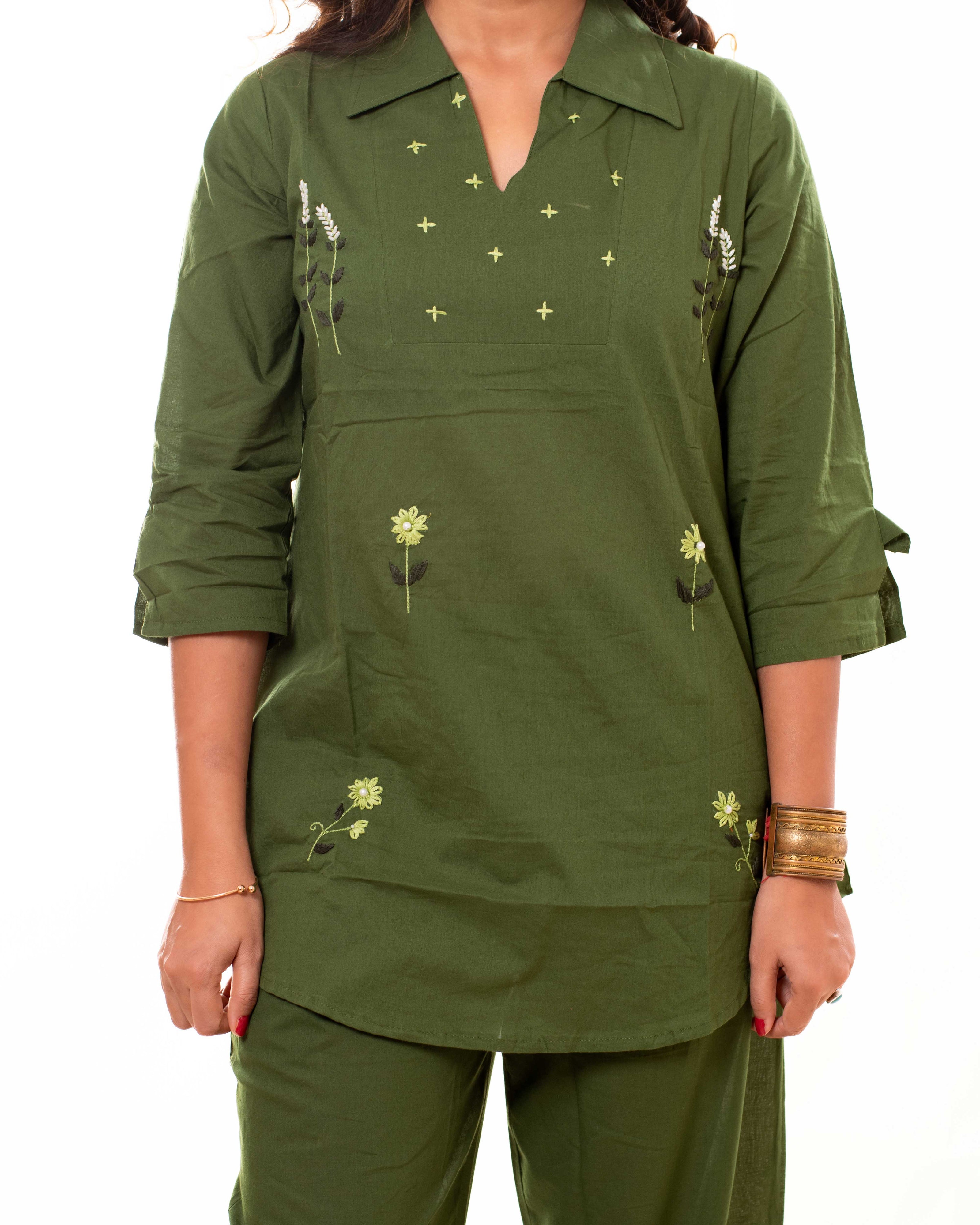 Olive Green Embroidered Cotton Co-ord Set with Shirt Collar